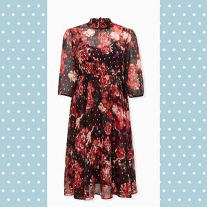 Torrid 00 M/L Maroon Black Floral Midi Dress with Gold Accents High Smocked Neck